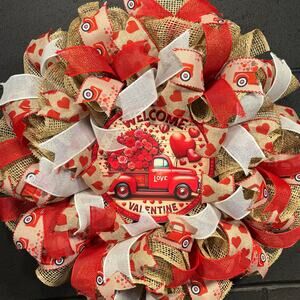 Valentines Day Wreath, Rustic, Farmhouse, Red Truck, Handmade 22 In Burlap